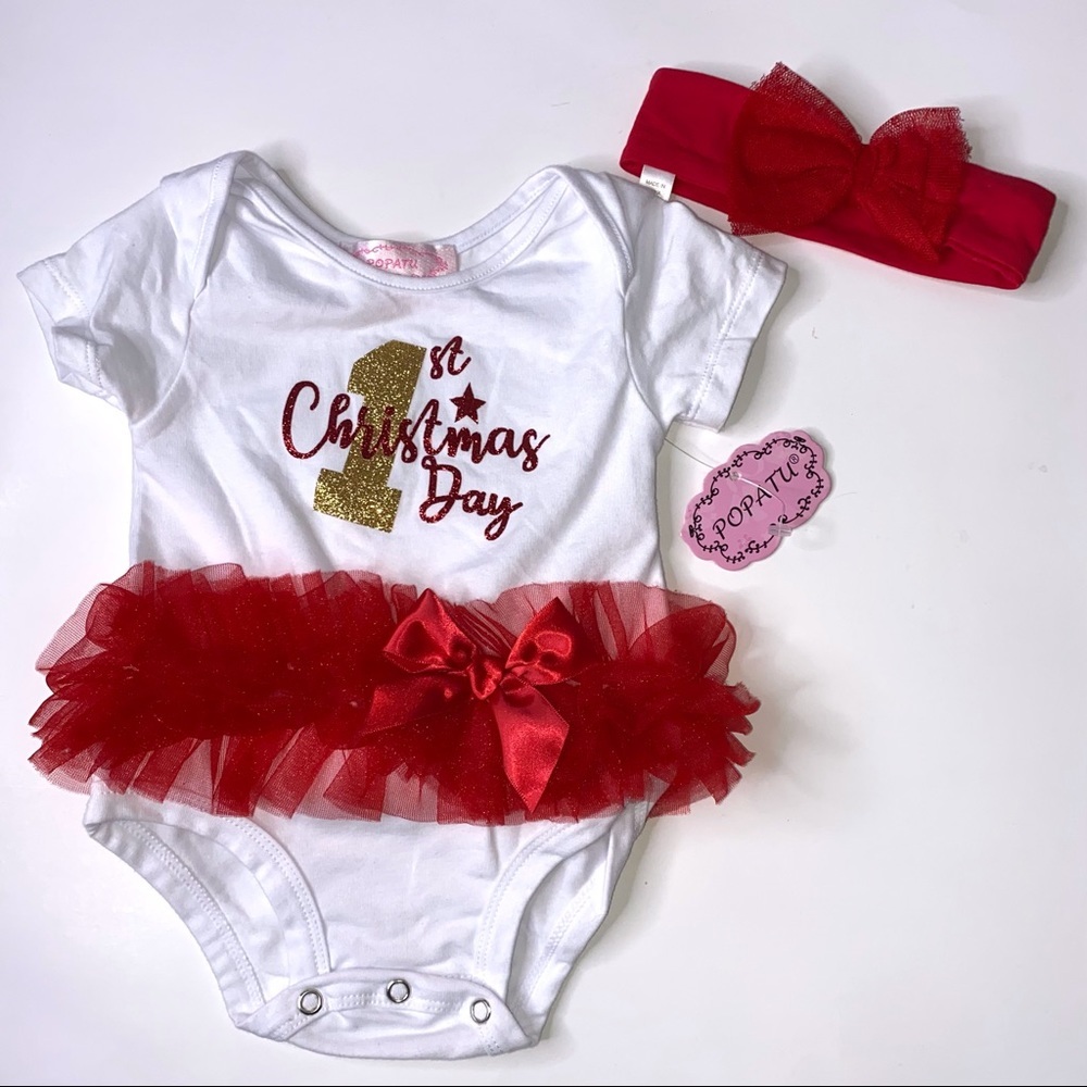 Popatu First Christmas Tulle Onesie and Headband Set Baby Girl 6-9M *
